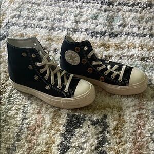 Converse Black High-Top Platforms with Floral Accents